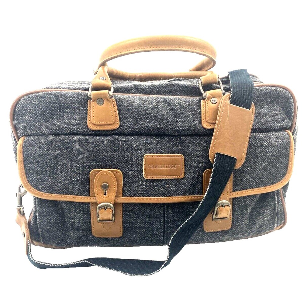 Cambridge Gray Tweed and Leather Satchel Tote Carry On Weekender Bag